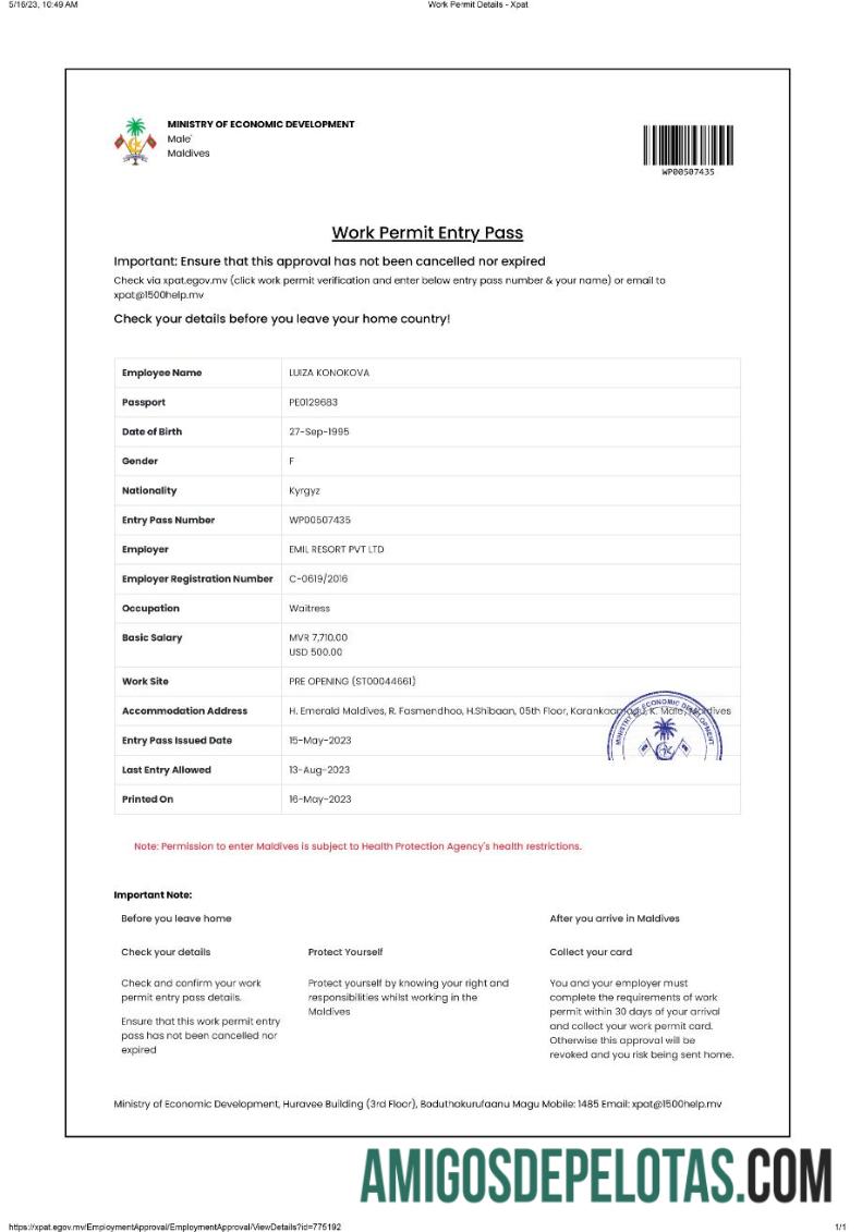 Permissão de Trabalho nas Maldivas amostra